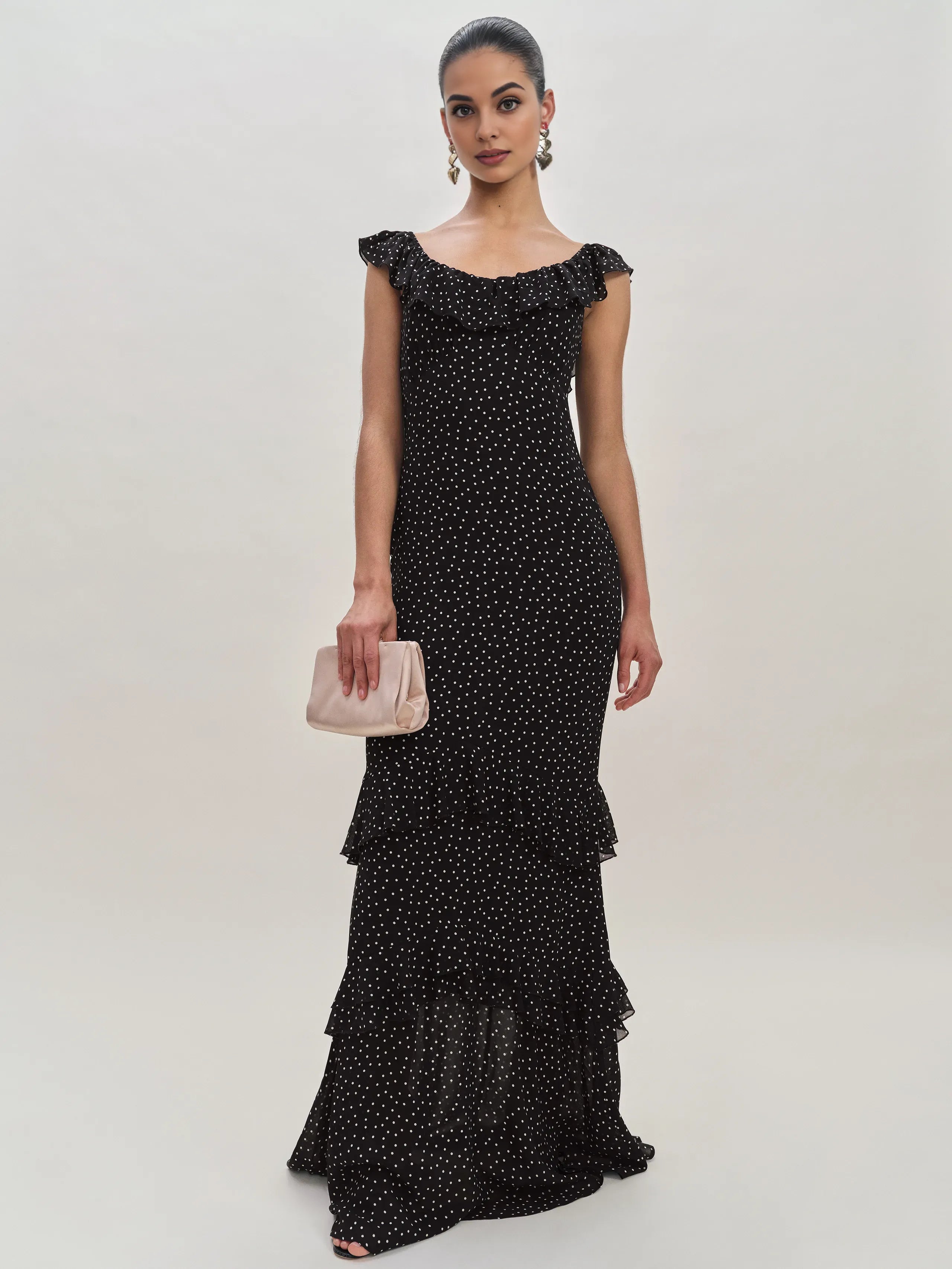 Weitese Dress Vintage Round Neck Cap Sleeve Mermaid Prom Dress Maxi Dress Sheath Backless Polka Dots Evening Dress